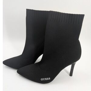 Guess Tear-SS Black Knit Sock Ankle Boots Pointed Toe Stiletto Logo 9.5M